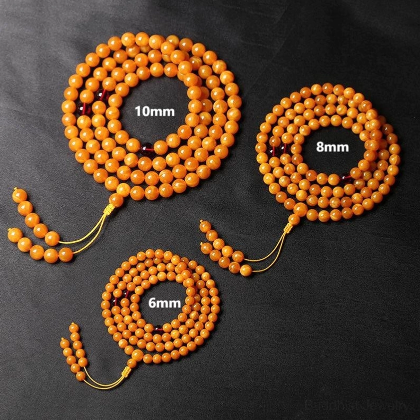 Amber mala 108 beads size comparison chart showing 6mm 8mm 10mm bead diameter options
