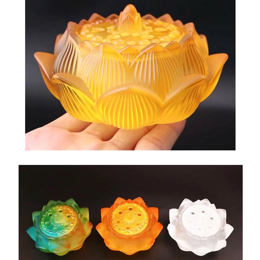 Amber Orange Lotus crystal incense burner with studded lid details and frosted glass texture