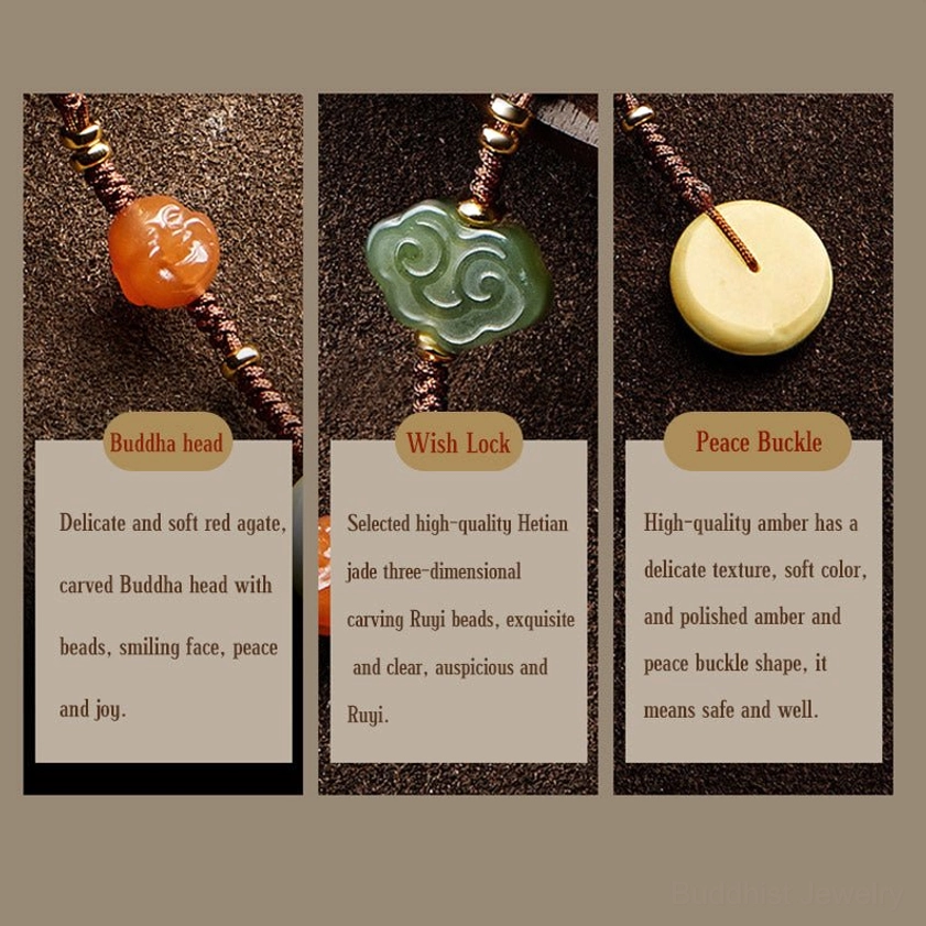 Amber peace buckle component on jade and agate Buddhist prayer mala