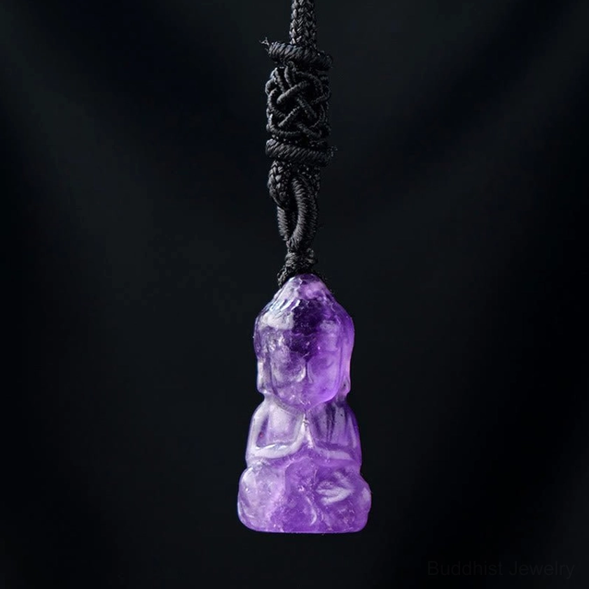 Amethyst Buddha pendant with black braided necklace cord - purple crystal Buddha with adjustable 50cm rope