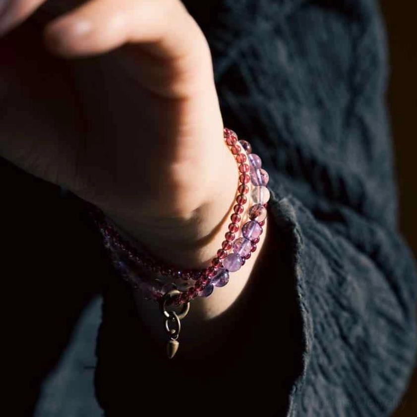 Amethyst and garnet balance bracelet for inner peace and spiritual awareness, handmade with natural healing gemstones