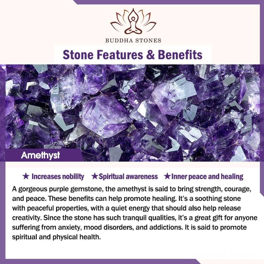 Amethyst crystal healing properties infographic - purple gemstone benefits for spiritual awareness, inner peace, meditation and stress relief