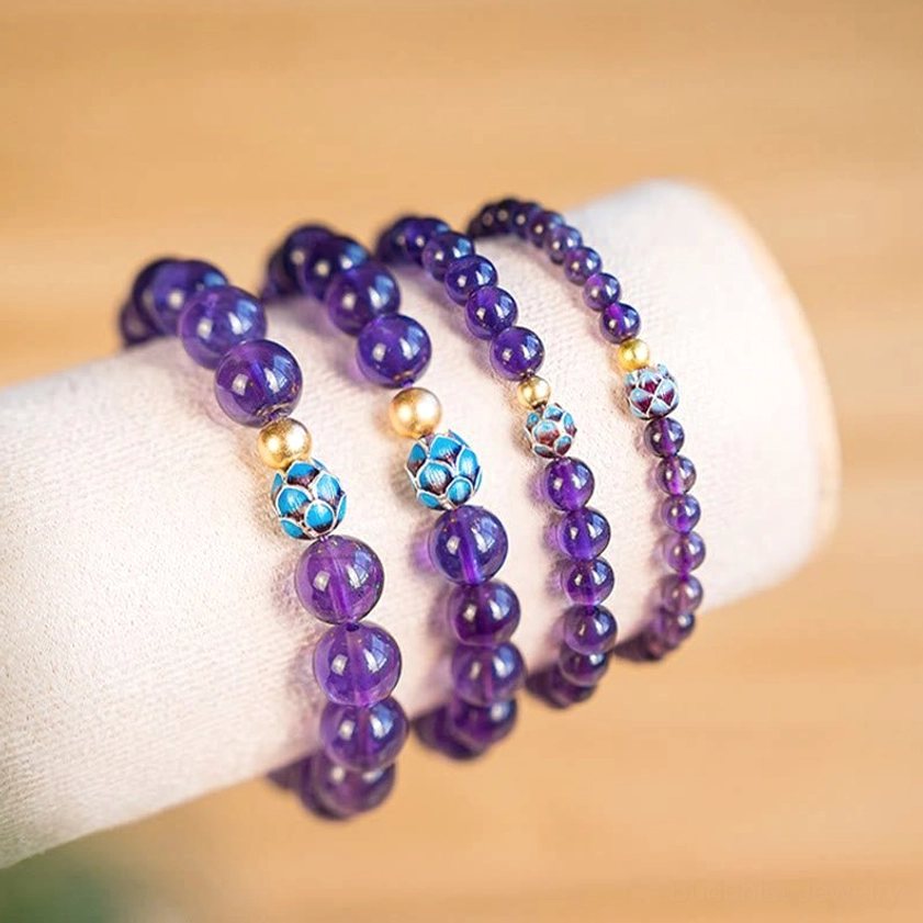Amethyst lotus bracelet lifestyle shot worn during meditation practice for spiritual awareness and inner peace