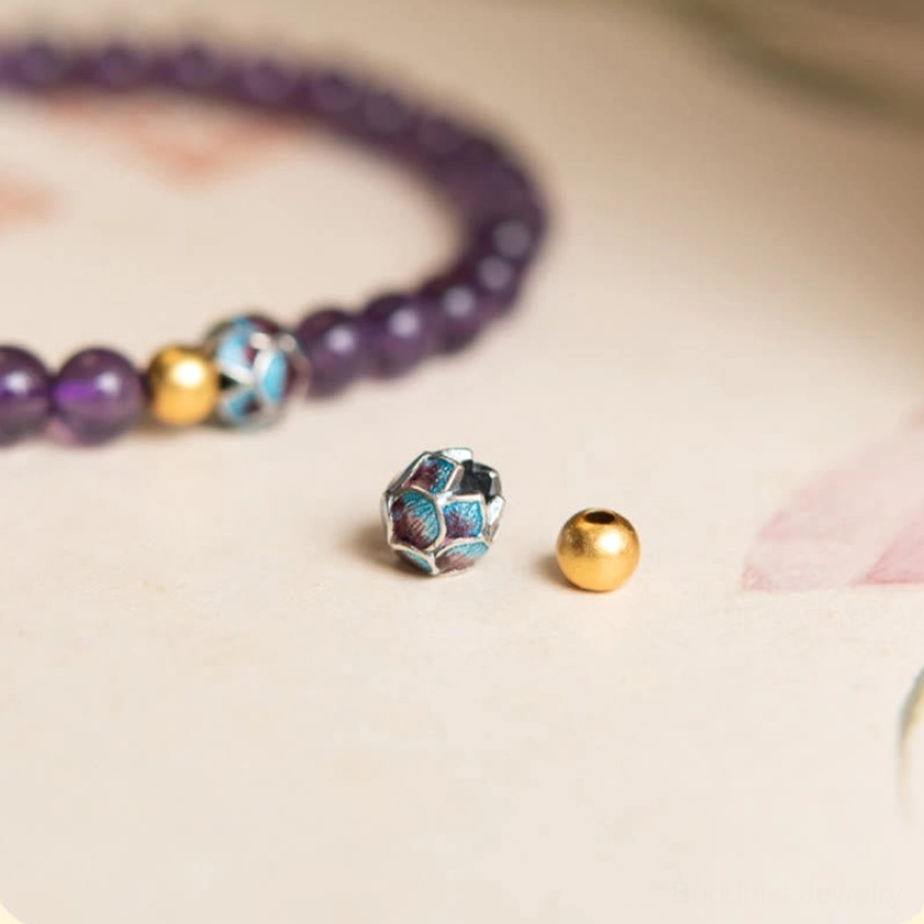 Natural amethyst lotus spiritual awareness bracelet sizing guide and elastic string adjustment demonstration