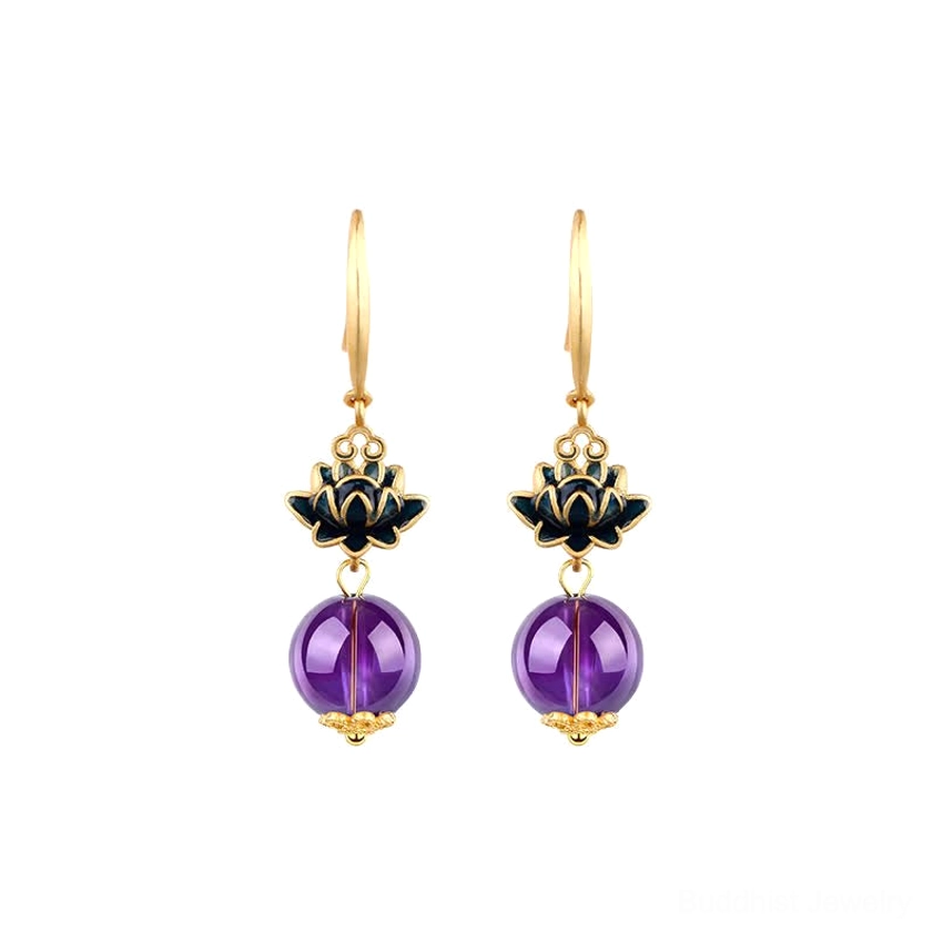 Amethyst lotus drop earrings front view with black enamel lotus and deep purple amethyst bead on light background