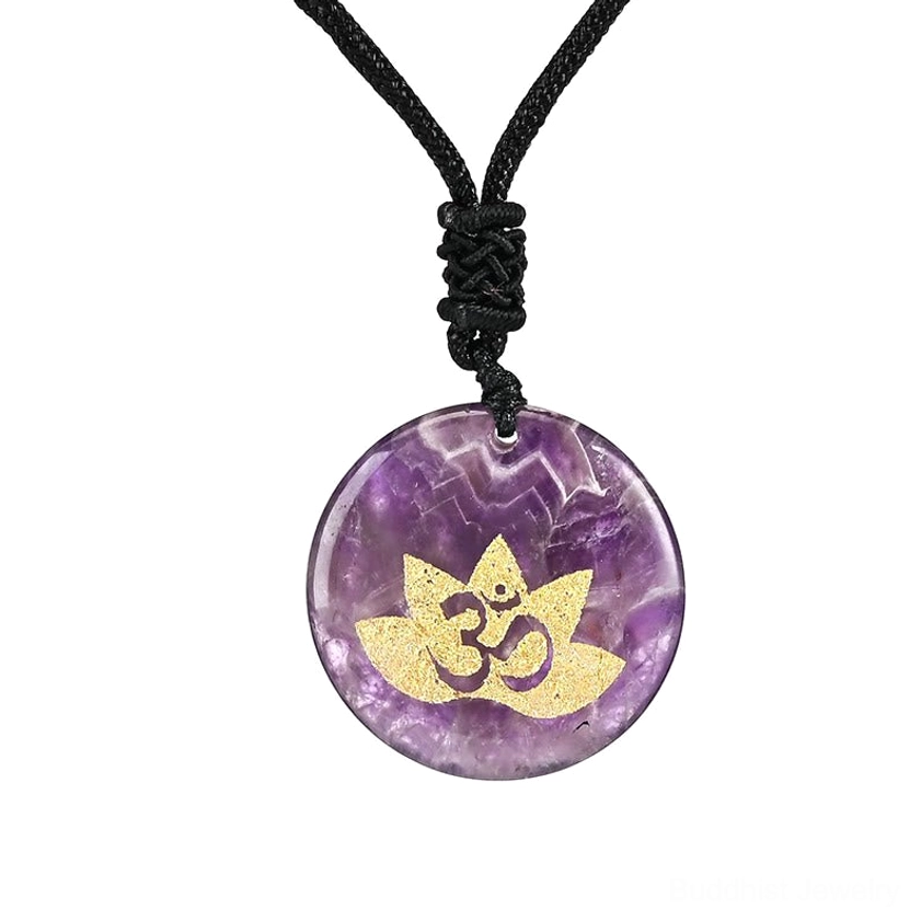 Amethyst OM Lotus healing necklace pendant with purple crystal stone and black braided cord featuring gold-engraved sacred symbols