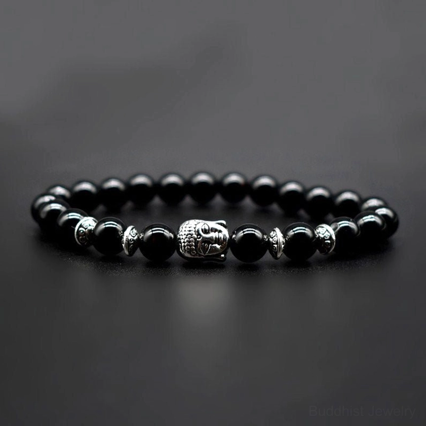 Amethyst stone benefits card showing purple gemstone cluster and healing properties with Buddha Stones branding