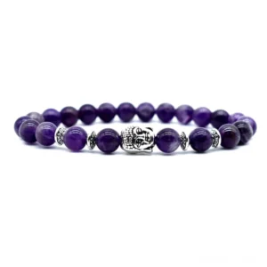 Amethyst and tiger eye Buddhist healing bracelet with silver Buddha charm on white background - front view