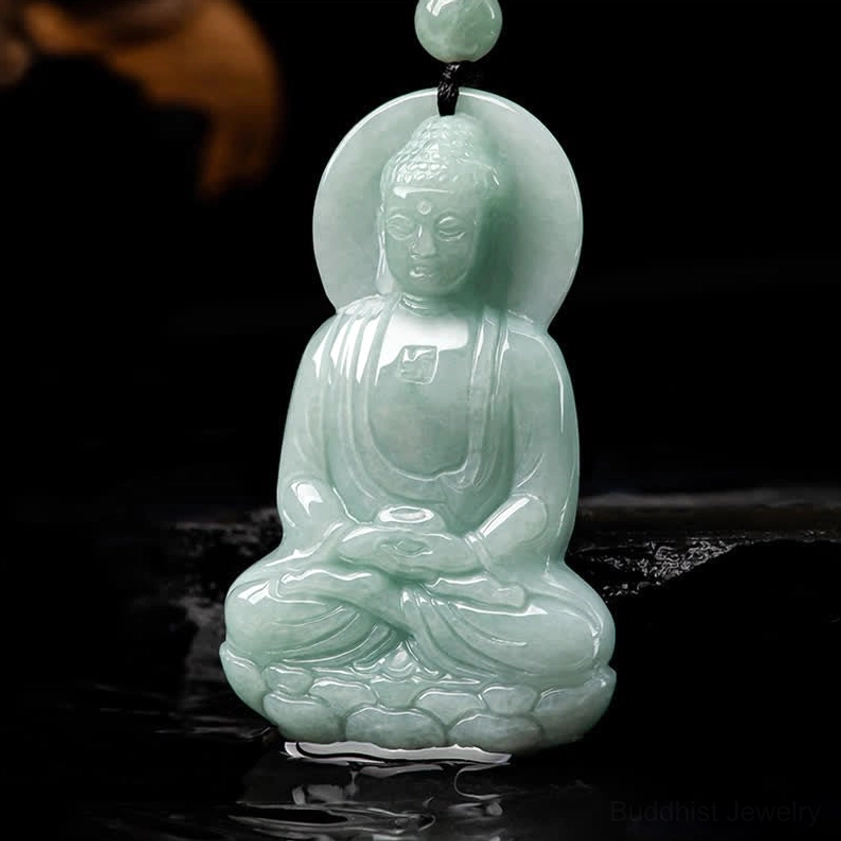 Amitabha Buddha compassion symbol jade pendant necklace product lifestyle shot, spiritual Buddhist amulet for mindfulness