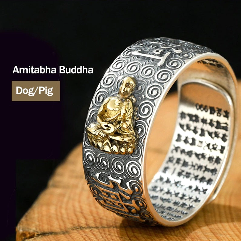 Amitabha Buddha Dog and Pig Natal Buddha adjustable ring for zodiac sign compassion