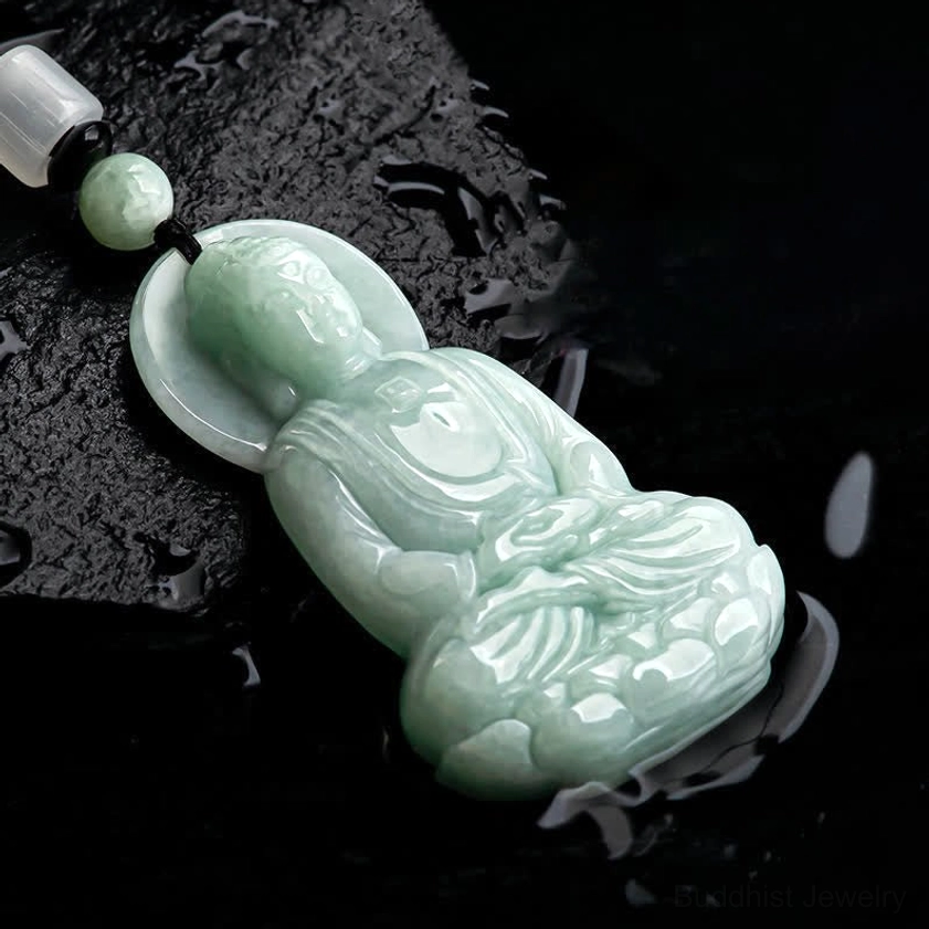 Amitabha Buddha jade necklace with beaded string chain, Buddhist pendant for prosperity and abundance