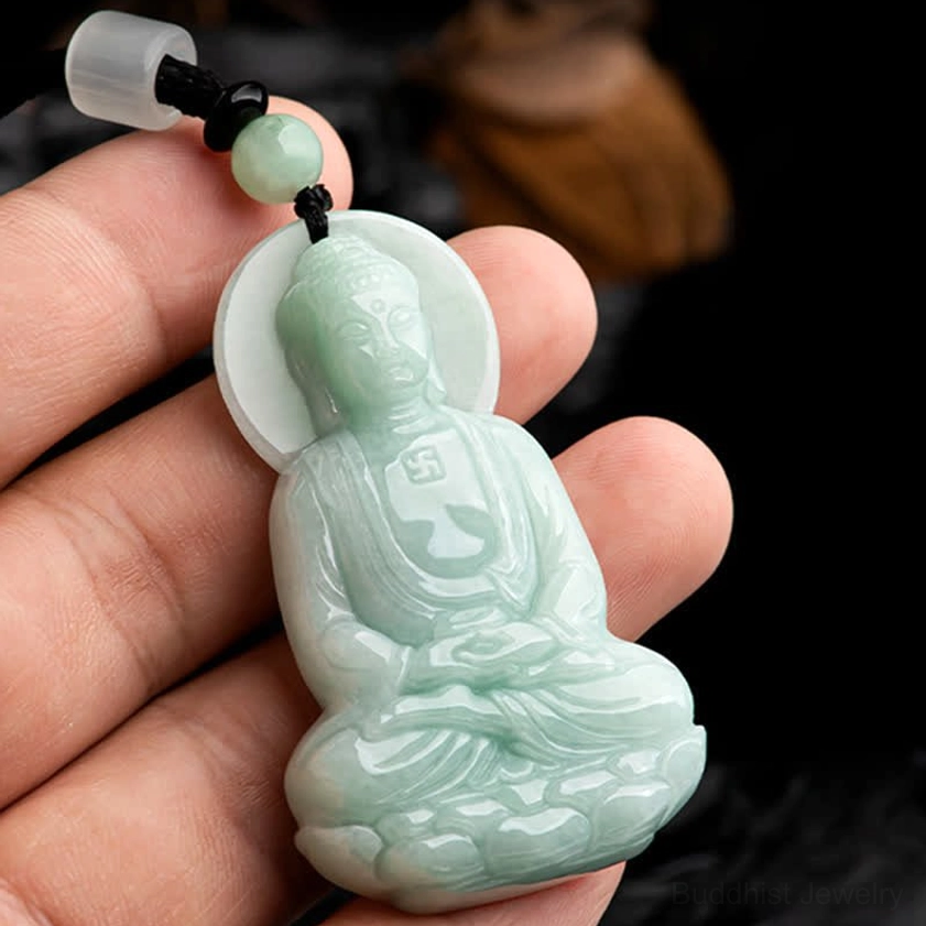 Amitabha Buddha jade pendant amulet necklace, handmade Buddhist spiritual jewelry for inner peace