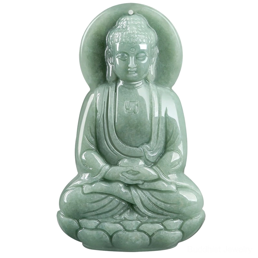 Amitabha Buddha jade pendant high-gloss close-up on black studio background, featuring clear green jade and chest swastika mark