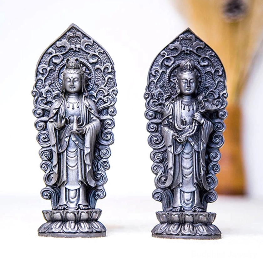Complete Amitabha Buddha trinity statue artistic composition showing balanced spiritual symbolism of infinite light wisdom and protective strength