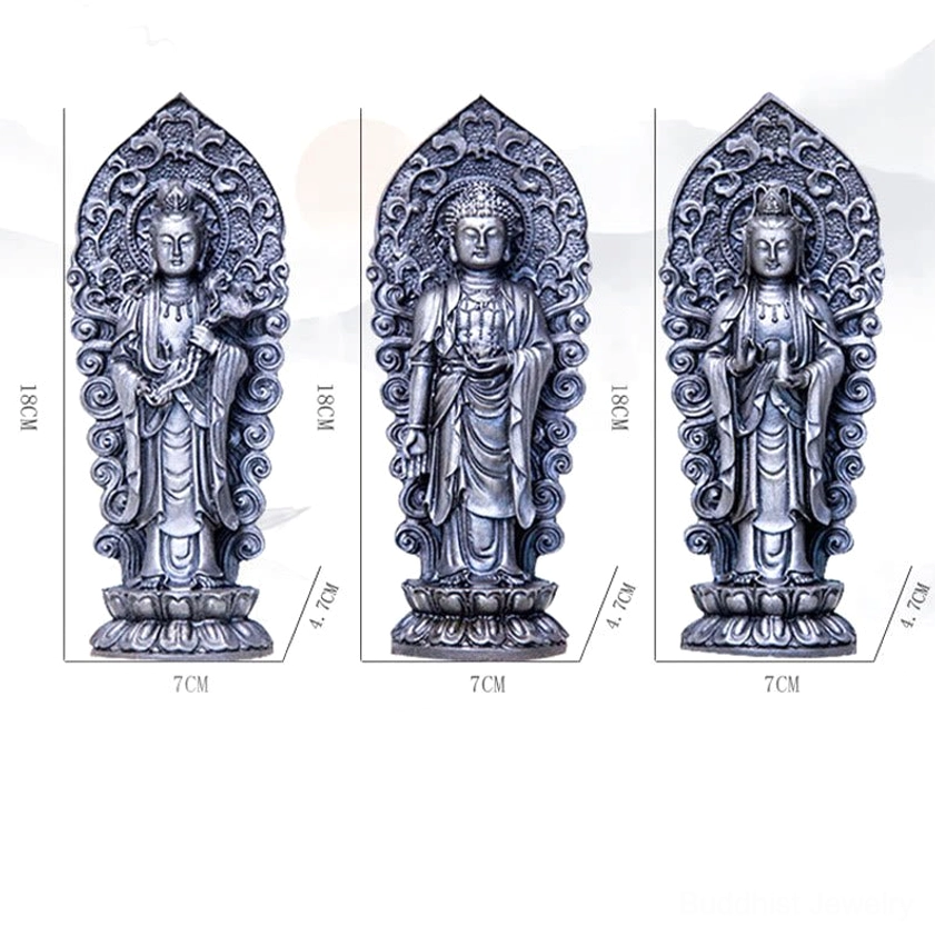 Final presentation view of Amitabha Buddha trinity iron powder resin statue ready for display in home altar meditation room or spiritual sanctuary space