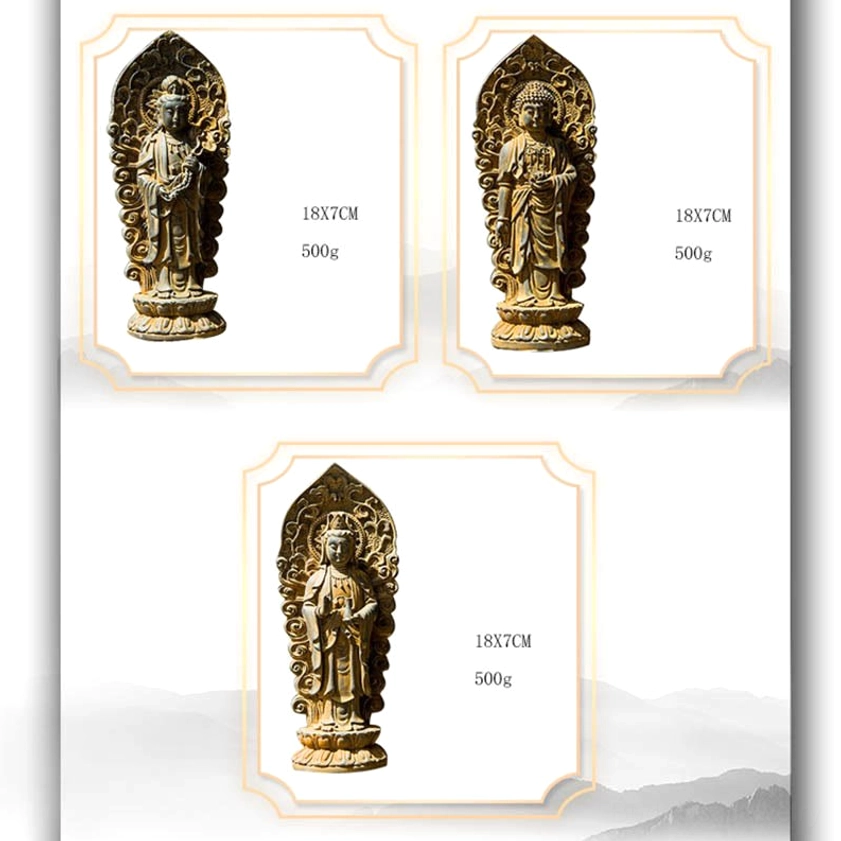 Front-facing Amitabha Buddha trinity statue with full illumination showing intricate carved details and authentic Buddhist sculpture craftsmanship
