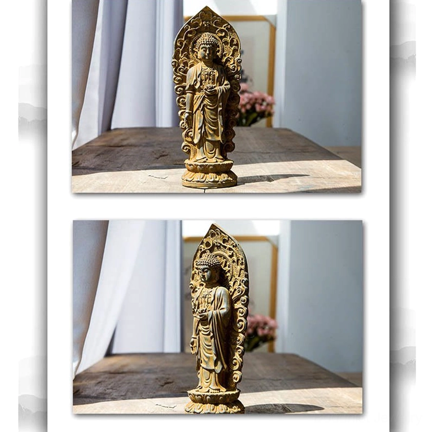 Polished Amitabha Buddha trinity statue with refined bronze finish showing detailed Buddhist sacred geometry and enlightenment symbols