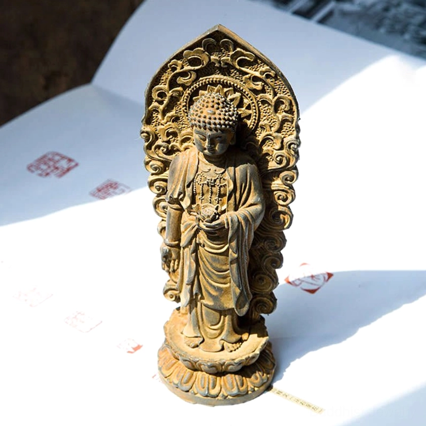 Rust version Amitabha Buddha trinity iron powder resin statue with weathered patina authentic Buddhist sculpture for meditation altar and home spiritual space