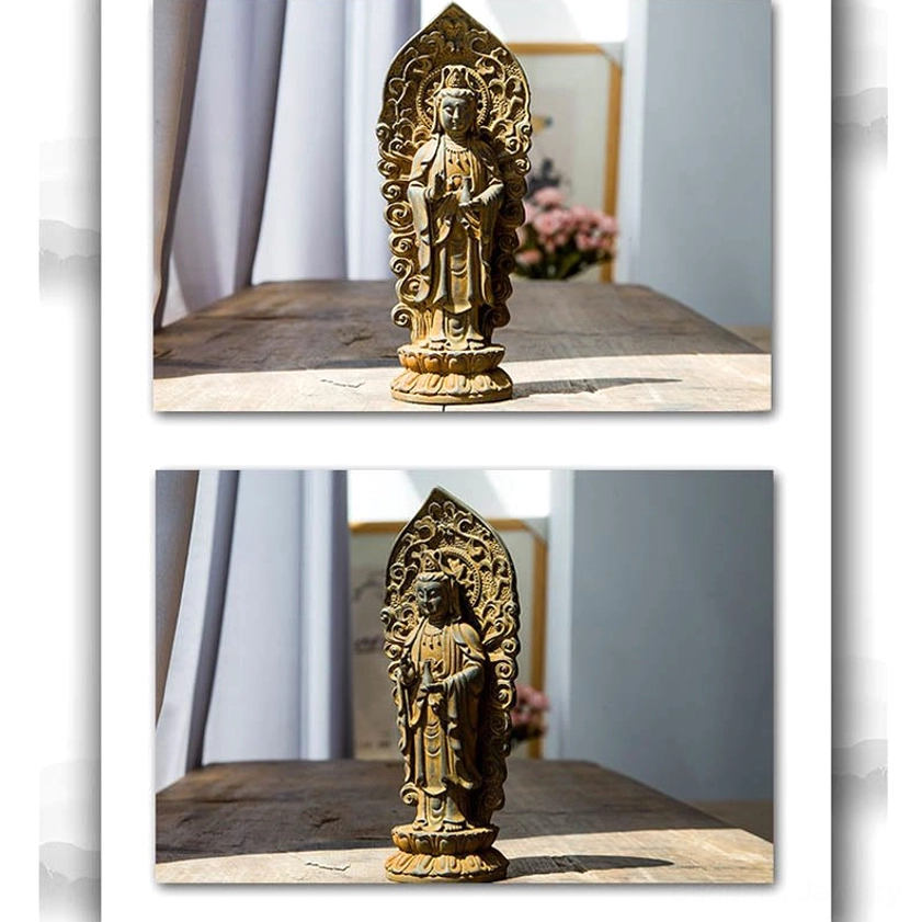 Amitabha Buddha trinity statue on wooden tabletop display showing the sacred union of infinite light, compassion and spiritual strength symbolism