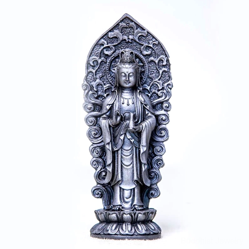 Polished version Amitabha Buddha trinity resin statue showing refined finish with Buddha vase carved design for elegant spiritual home altar