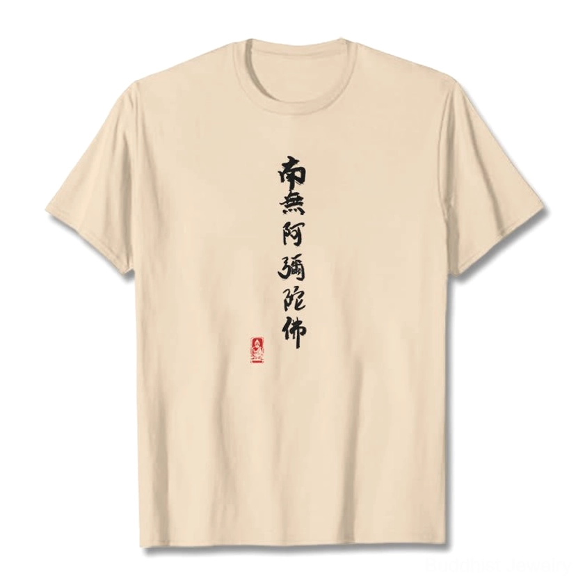 Care instructions and fabric details for Amitabha Buddhist calligraphy 100% cotton t-shirt