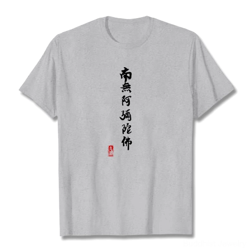 Amitabha Buddha calligraphy t-shirt flat lay front view with white ink print and red stamp on light gray cotton