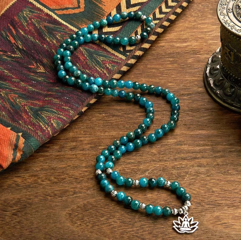 Apatite 108 mala beads bracelet with Buddhist charm pendant product showcase