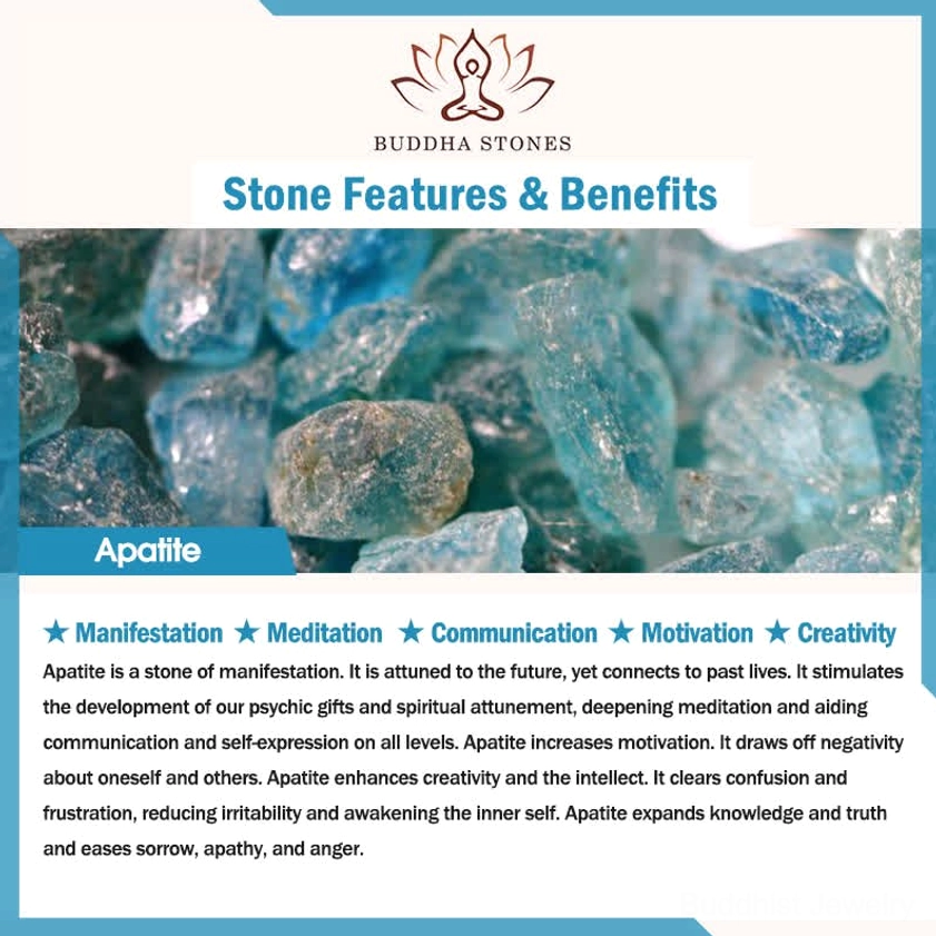 Apatite crystal stone information card featuring raw blue apatite crystals and healing properties benefits description