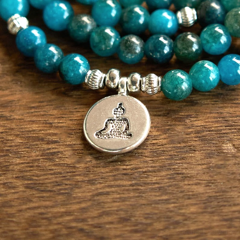 Apatite mala beads bracelet for meditation and spiritual awakening with natural stone charm