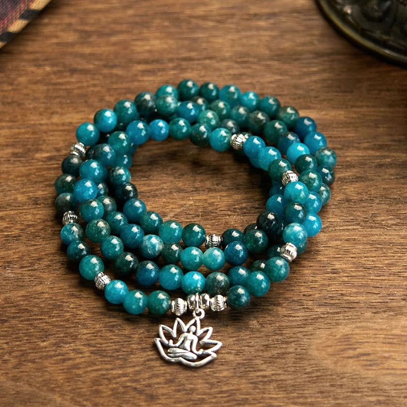 Apatite mala bracelet with Lotus pendant, 108 beads, silver charm close-up detail