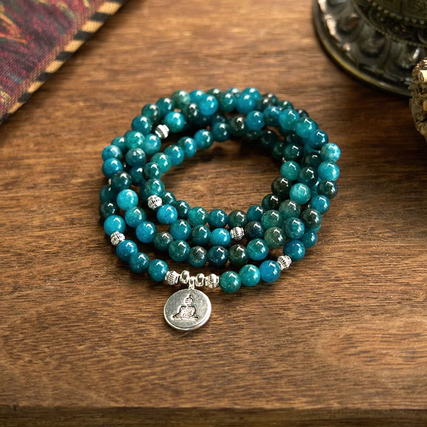 Apatite Yoga mala bracelet with Om pendant, 108 beads for meditation and spiritual practice