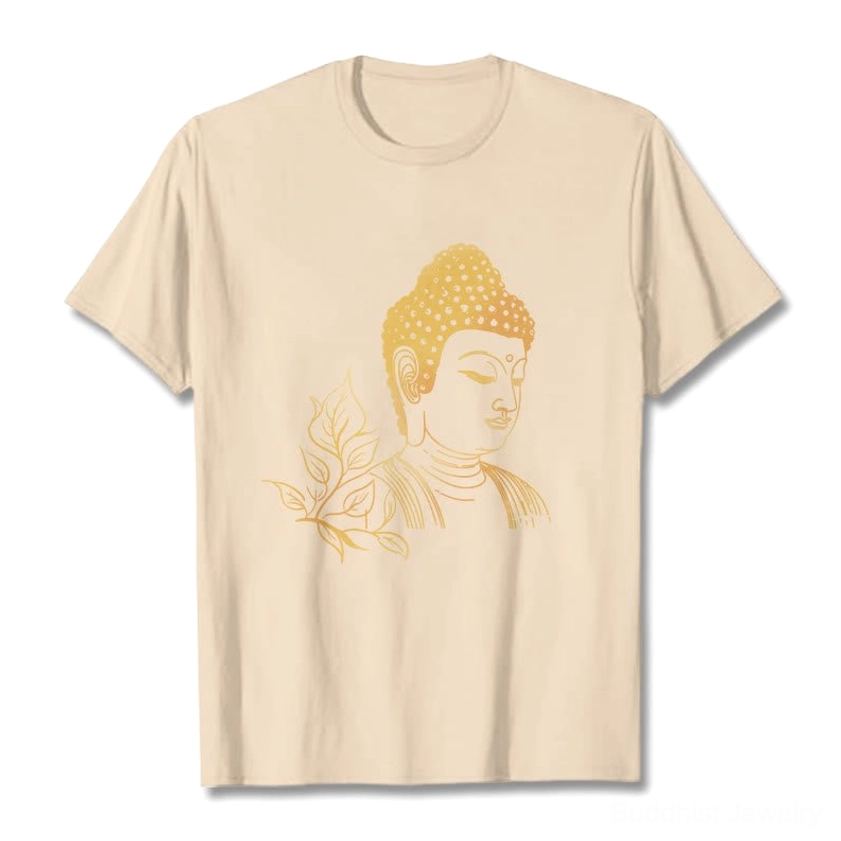 Light beige apricot Buddhist meditation t-shirt with gold Buddha and leaf print design