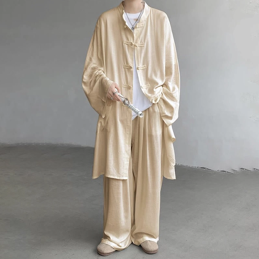 Apricot zen meditation wear three-quarter view showing shirt frog buttons and relaxed fit silhouette