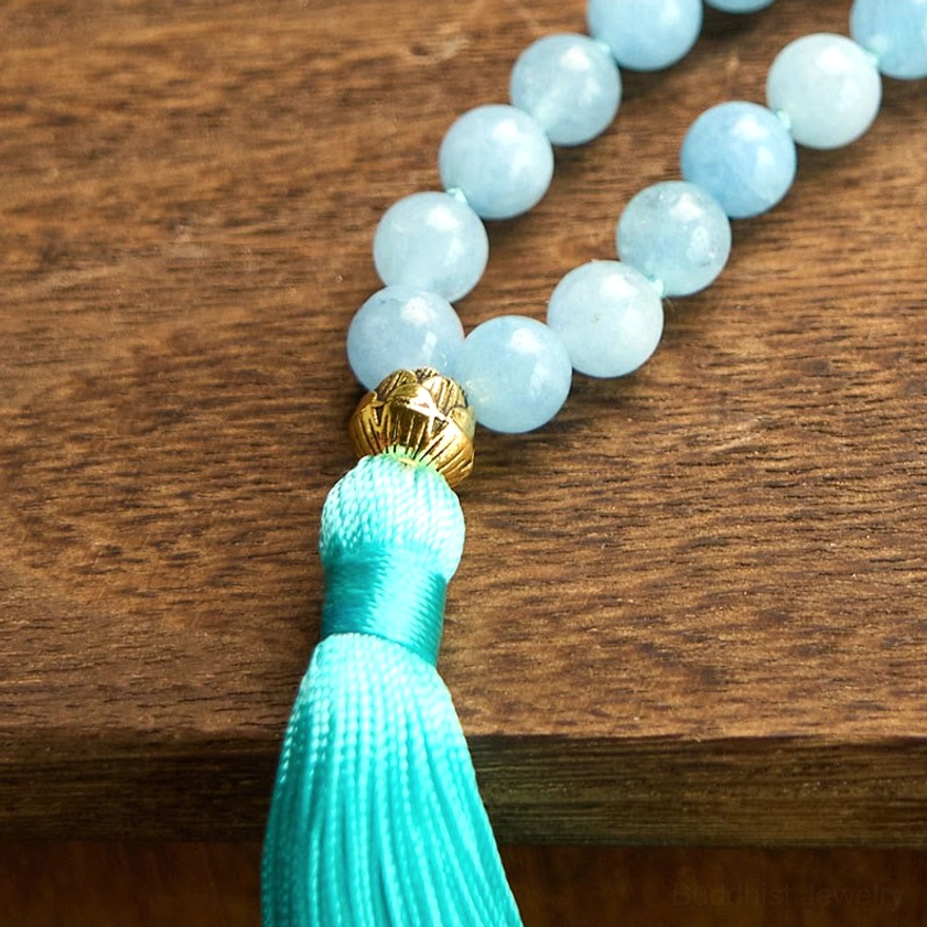 Natural aquamarine stone mala beads for Buddhist meditation and spiritual practice