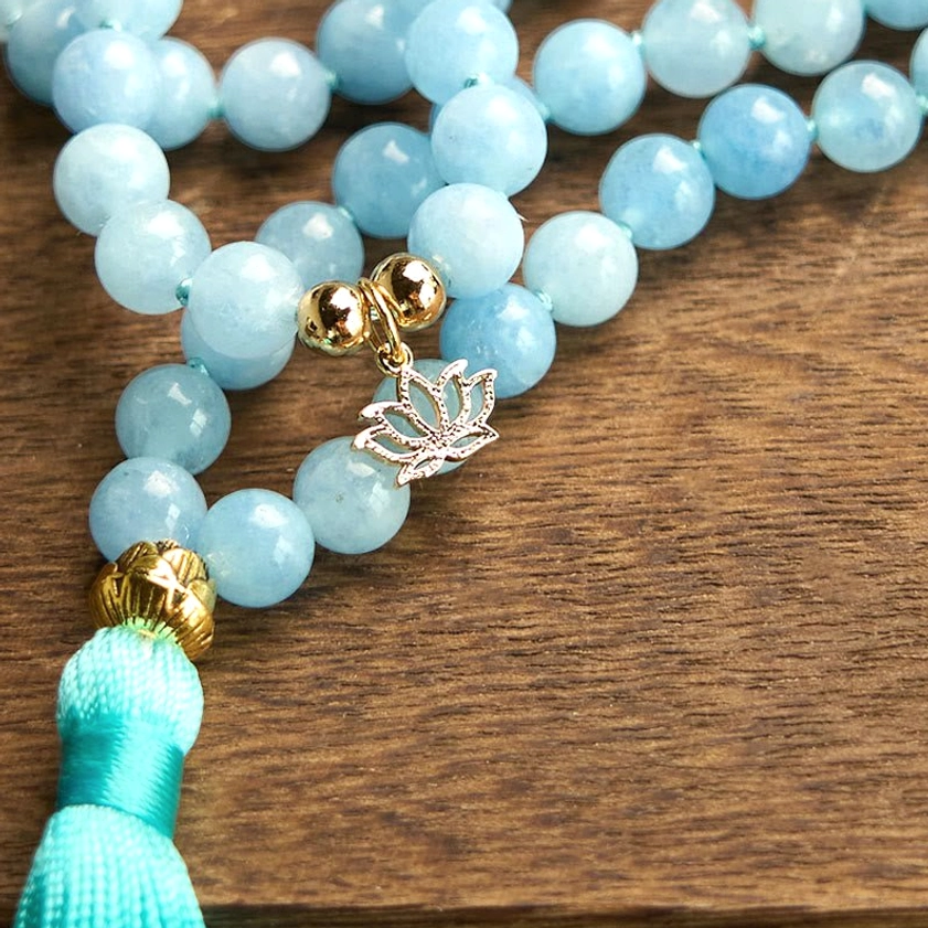 Aquamarine 108 mala bracelet meditation prayer beads with silver lotus charm styling