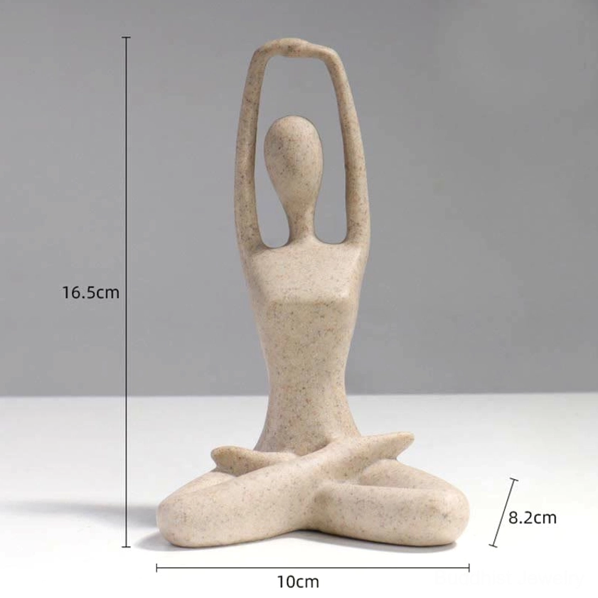 Single arm-raised yoga stretch meditation figurine with dimension markers in beige speckled resin on light background