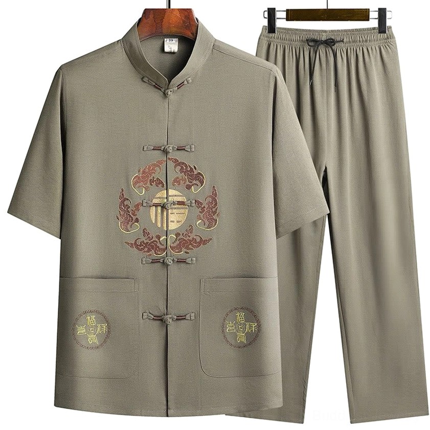 Army green Fu Character Tang Suit front display - traditional Hanfu with frog closures