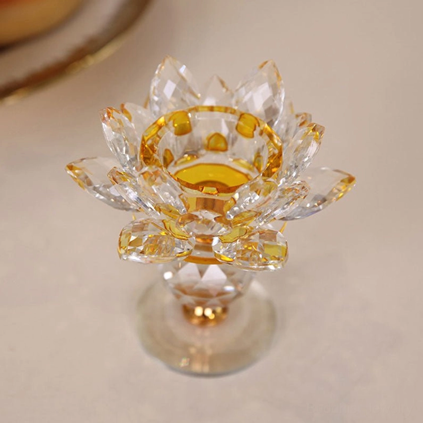 Artisan-carved crystal lotus candleholder combining Citrine and Clear Quartz for positive energy and clarity