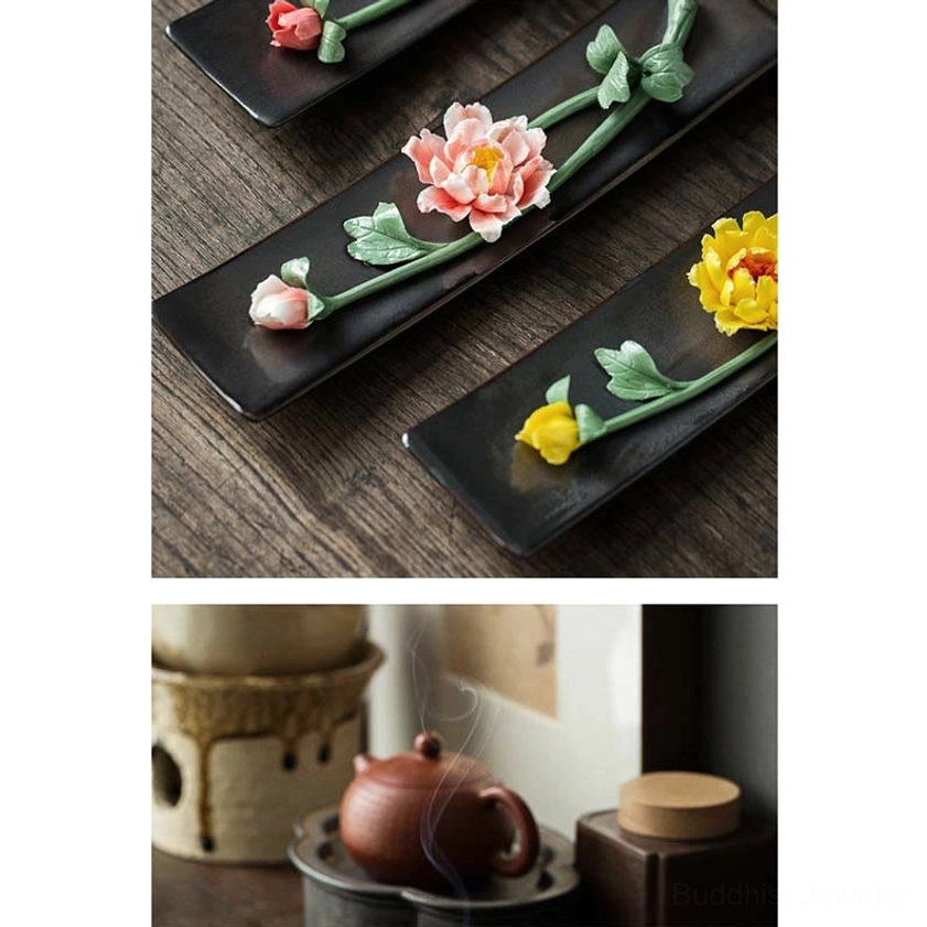 Handcrafted ceramic floral incense holder, artisan quality for spiritual wellness