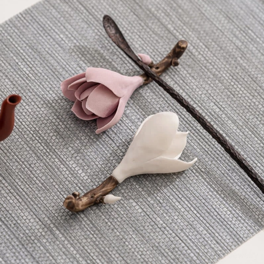 Handcrafted ceramic magnolia incense holder showing artisanal quality and natural purity symbolism for spiritual wellness
