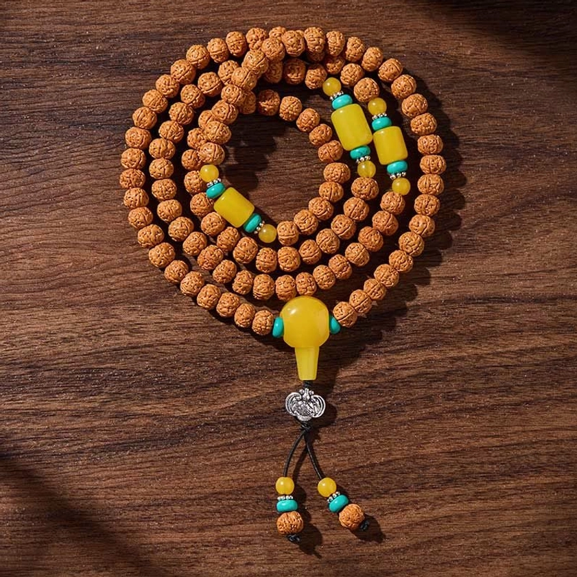Auspicious clouds style 108 bead mala with three-eye dzi and bodhi seeds 10mm variant