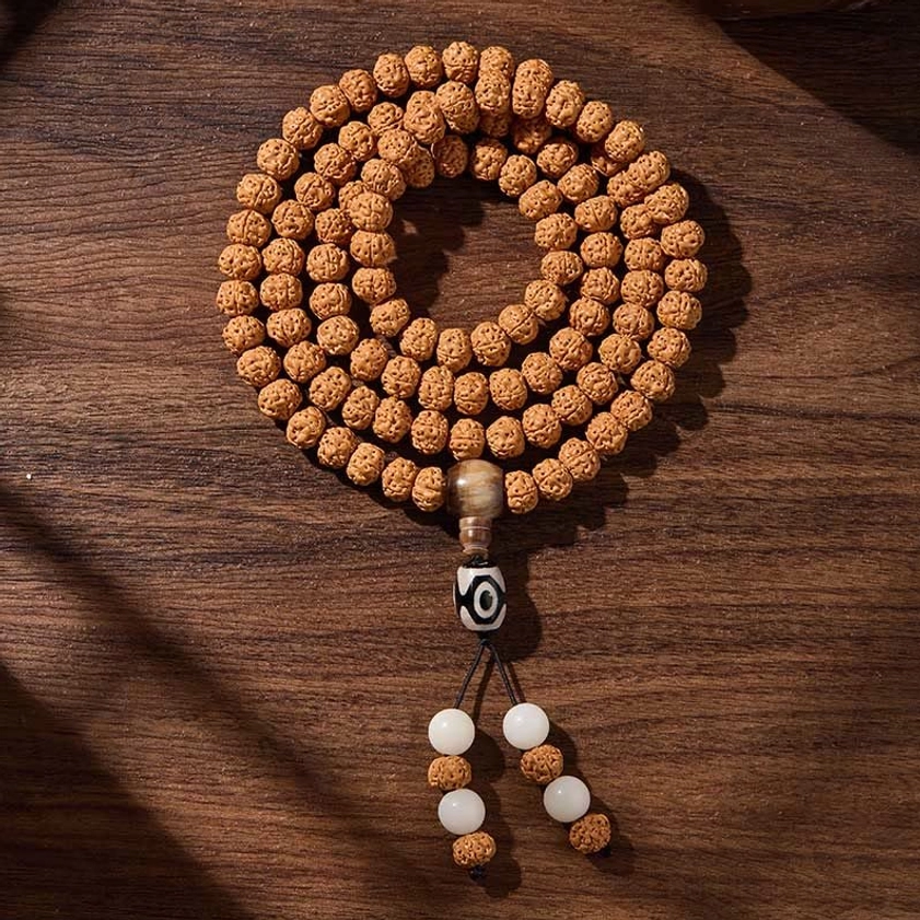 Auspicious clouds design 8mm bodhi seed mala with three-eye dzi bead spiritual pendant