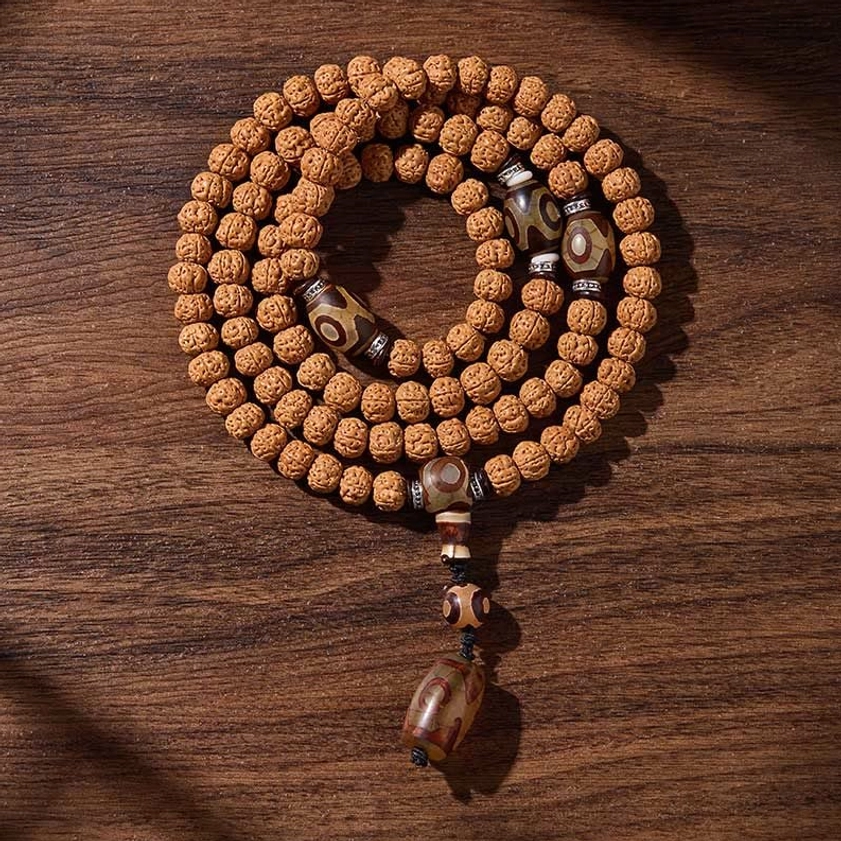 Auspicious clouds pattern bodhi seed mala 9mm beads with protective dzi bead Buddhist prayer necklace