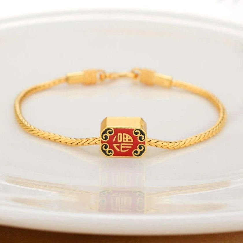 Auspicious Fu character Buddhist charm bracelet with red enamel blessing symbol