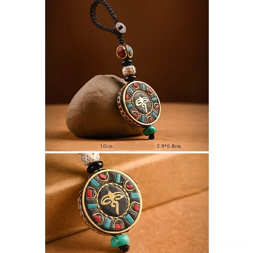 Auspicious Mandala Buddhist keychain with sacred geometry pendant and handcrafted Bodhi seed beads