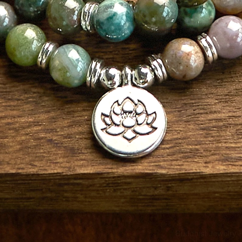 Authentic 108-bead Indian agate prayer mala bracelet featuring natural stone beads and engraved lotus pendant