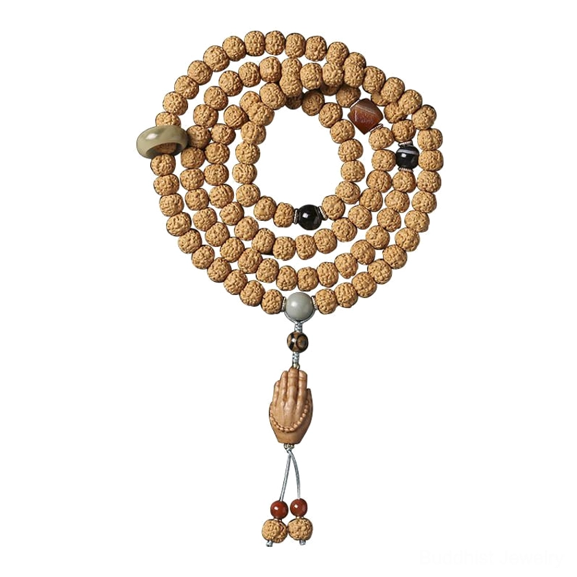 Authentic bodhi seed Buddhist bracelet featuring three-eye protective Dzi bead and carved Buddha hand charm