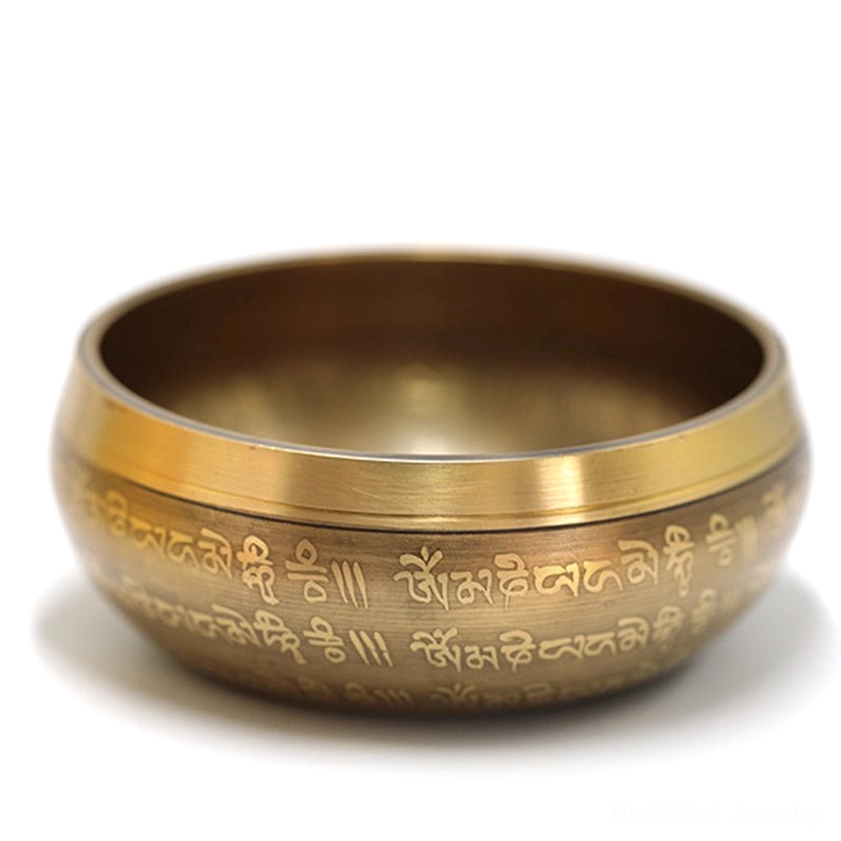 Premium handcrafted brass singing bowl in golden tone featuring intricate engraved Buddhist scriptures on clean white background