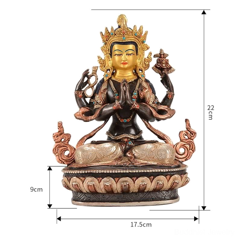 Authentic Asian Buddhist art - handcrafted four-armed Avalokitesvara copper statue for meditation and spiritual practice