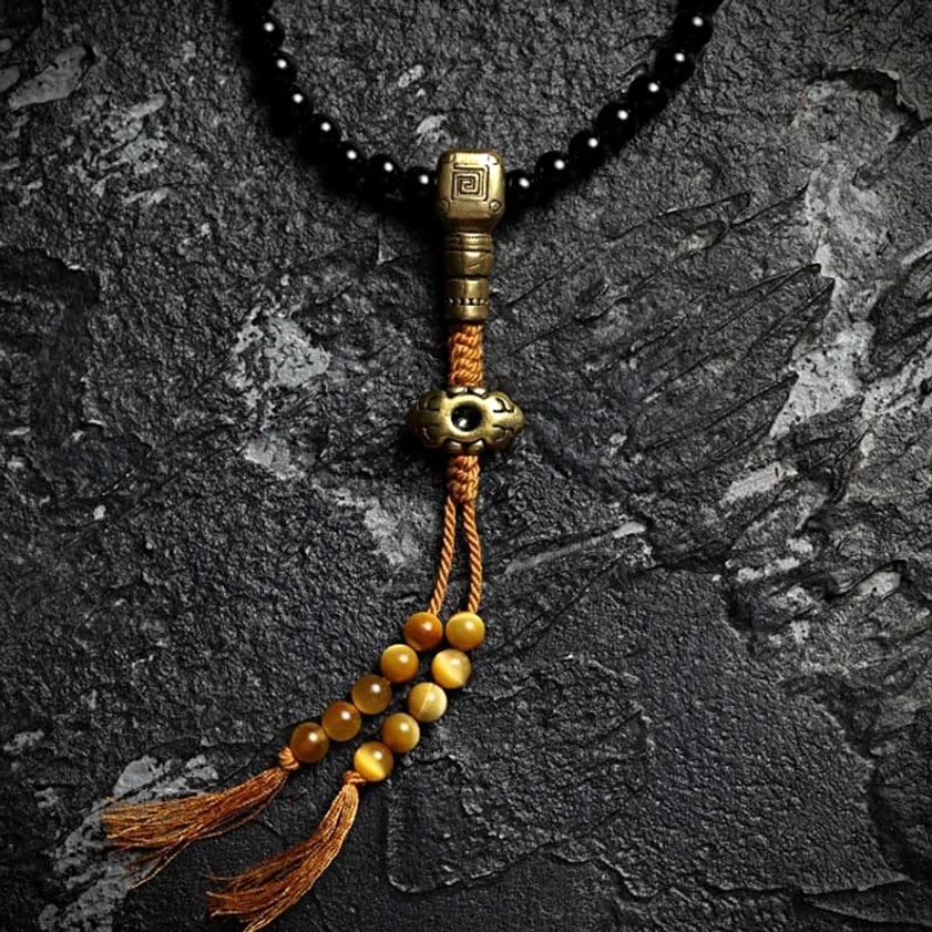 Authentic Buddhist mala necklace and bracelet with natural onyx stone for spiritual practice